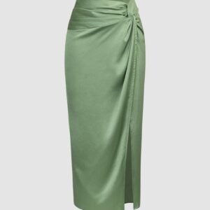 Satin Twist Side Slit Midi Skirt