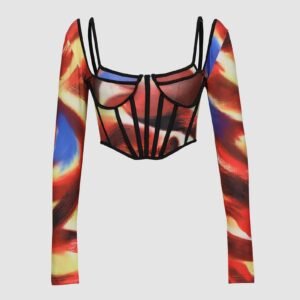 Abstract Print Corset Long Sleeve Crop Top