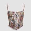 Retro Printed Drawstring Corset Top