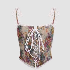 Retro Printed Drawstring Corset Top